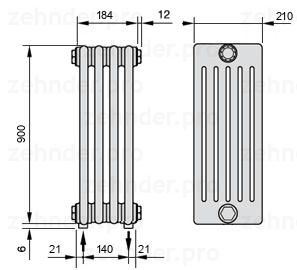Схема (чертеж) Радиатор Zehnder Charleston 6090/4 №3570 Белый глянцевый RAL 9016